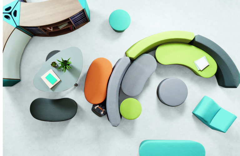 Overhead view of modular seating in grey, blue, green and orange colors.