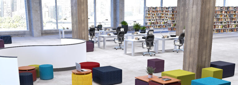 Library space with concrete columns and tables and chairs.